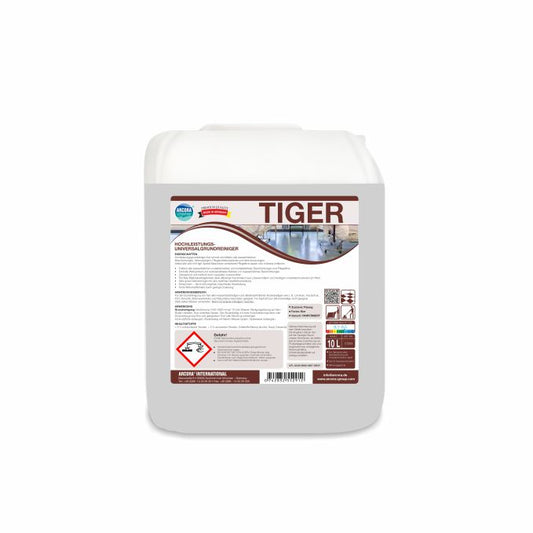 Ein weißer 10-Liter-Kunststoffkanister der Arcora International GmbH trägt die Aufschrift "TIGER", Produktdetails, Gefahrensymbole und Reinigungshinweise. Er enthält Arcora Tiger Hochleistungs-Universalgrundreiniger für vielseitige Reinigungsaufgaben.