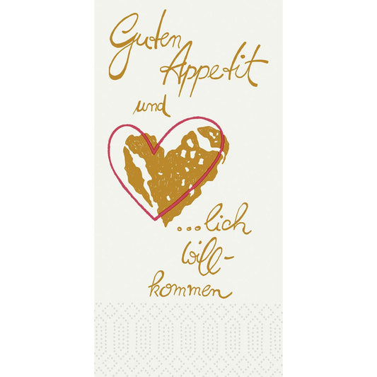 Auf den Duni GmbH Zelltuchservietten 40x40 cm, 2-lagig, 1/8 Kopffalz, steht handschriftlich "Guten Appetit und herzlich willkommen" in Gold und Rosa mit einem partiellen Goldherz. Die Packung enthält 300 Servietten.