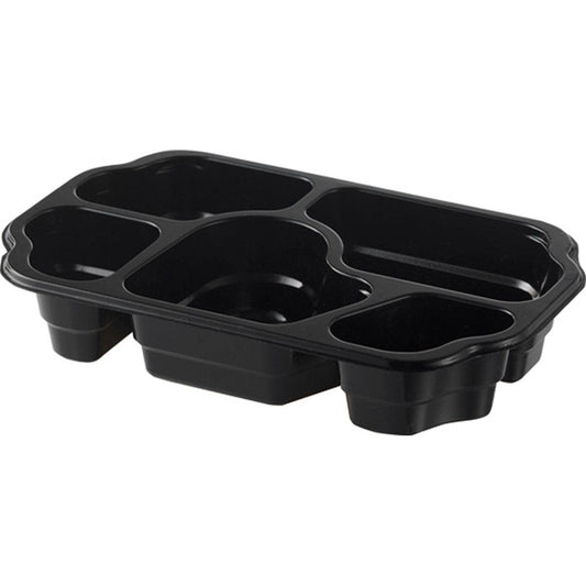 Die PP-Schale Take-Away 250x159x46 mm von Duni GmbH ist eine schwarze Kunststoffschale mit fünf Fächern - perfekt zum Servieren und Portionieren von Snacks. Die leere Packung (240 Stück) wird auf weißem Hintergrund präsentiert.