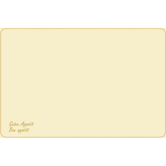 Die Dunicel-Tischsets (Vesca Norm) 33 x 48 cm Guten Appetit der Duni GmbH haben ein unbedrucktes beiges Design mit dünnem braunen Rand, abgerundeten Ecken und "Guten Appetit Bon appétit" in kleiner brauner Schrift unten links - ideal für den stilvoll gedeckten Tisch.