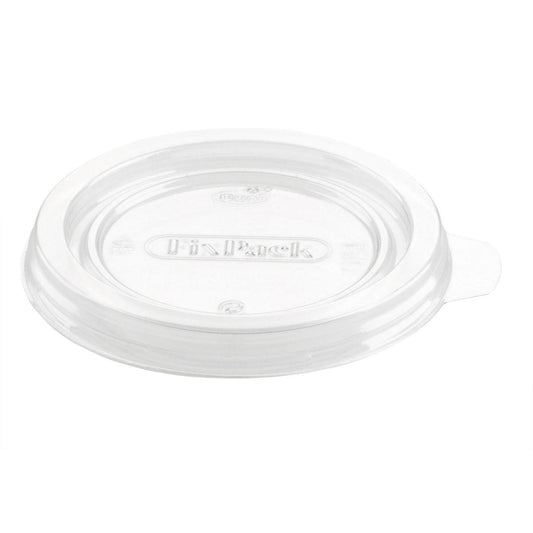 Der Deckel für 161088 von Duni GmbH ist ein klarer, runder APET-Deckel (93x93x9 mm) mit einer kleinen Lasche und geprägten Symbolen, passend zu einer Verpackung. Packung: 50 Stück.