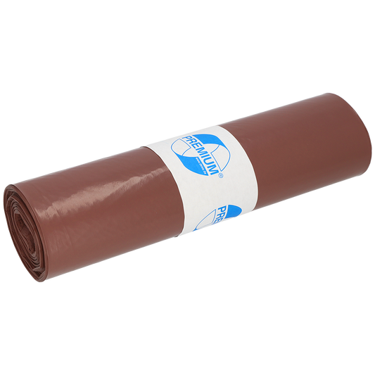 Ein gerollter brauner EMIL DEISS KG DEISS 17001 Typ 60 Müllsack (700x1100 mm, 25 Stück/Rolle) mit einem weiß-blauen "Premium"-Etikett in der Mitte, auf weißem Hintergrund.