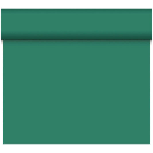 Ein teilweise ausgerollter Dunicel-Tischläufer Tête-à-Tête (24 m x 0,4 m, 20 Abschnitte) der Duni GmbH in unifarbenem Tealgrün erstreckt sich nach unten und eignet sich so perfekt für die Tischdekoration oder als stilvoller Tischläufer.