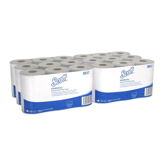 36 Rollen des 2-lagigen Scott® Essential™ Toilettenpapiers 8517 von Kimberly-Clark GmbH sind in sechs weiß-blau verpackten Päckchen im Karton enthalten. Das Produkt ist FSC-zertifiziert und aus recycelten Fasern hergestellt.