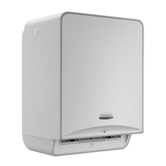 Der Kimberly-Clark Professional™ Icon™ Elektronische No Touch - Losse Module - Rolle / Silver Mosaic von Kimberly-Clark GmbH ist ein wandmontierter, berührungsloser Papierhandtuchspender mit einer strukturierten silbernen Mosaikfront und einer unteren Öffnung für die Handtuchausgabe.
