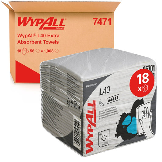 Eine Packung Kimberly-Clark WypAll® L40 PowerClean Wischtücher, weiß, viertelgefaltet (18 x 56 Tücher pro Karton), ist vor einem Versandkarton mit Produktdetails wie "7471" und "18 x 56 = 1.008" abgebildet.