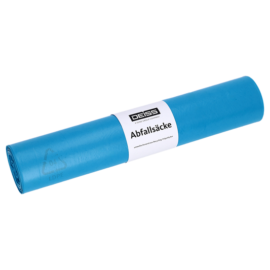 Abgebildet ist ein aufgerollter blauer DEISS 20290 Müllsack (700x1100 mm, 25 Stück) der EMIL DEISS KG (GmbH + Co.) mit weißem "Abfallsäcke"-Etikett auf einfarbig weißem Hintergrund.