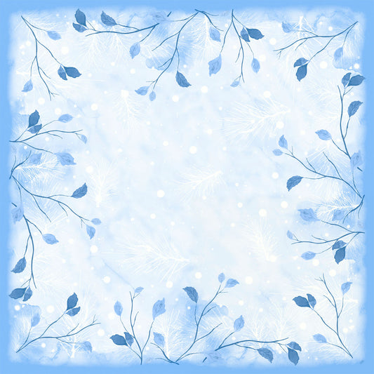 Die Dunicel-Mitteldecke 84x84cm Frosted Winter von Duni GmbH kommt in sanften Blautönen mit zarten Zweigen, blauen Blättern und verstreuten weißen Federn und Punkten für einen heiteren Winterlook. Packung: 20 Stück.