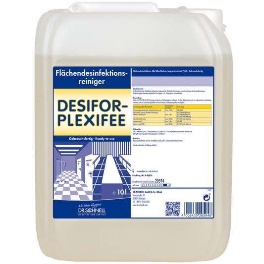 Ein 10-Liter-Kunststoffbehälter von DR.SCHNELL Desifor PlexiFee Flächendesinfektionsmittel, begrenzt viruzid PLUS, mit einem blau-weißen Etikett mit Produktinformationen, Anwendungshinweisen und Sicherheitswarnungen.
