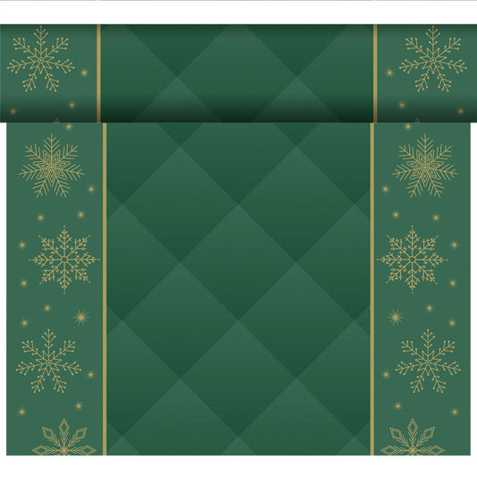 Eine Rolle grünes Bio-Dunicel-Tete a Tete 0,4x24m von Duni GmbH mit goldenen Schneeflocken und Sternen an den Seiten und einem grünen Diamanten in der Mitte, ideal für eine nachhaltige Tischdekoration oder in Kombination mit einer Bio-Dunicel Tischdecke. Teilweise ausgerollt.