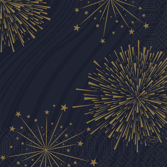 Ein dunkelblauer Hintergrund mit goldenem Feuerwerk und geometrischen Mustern verleiht jeder Feier Eleganz - ideal für Duni GmbH Servietten 33x33 3-lagig 1/4 Sparkly black, Packung (250 Stück).