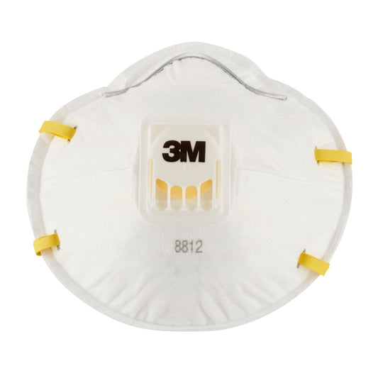 Die 3M™ Cool Flow™ Partikelmaske 8812 FFP1 mit Ventil, von 3M Deutschland GmbH, ist eine weiße Einweg-Atemschutzmaske mit vier gelben elastischen Bändern, die auf einem einfarbigen Hintergrund abgebildet sind.