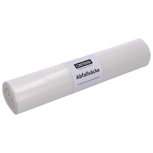 Abgebildet ist eine weiße Rolle Müllbeutel der EMIL DEISS KG (GmbH + Co.) mit der Aufschrift "DEISS 29070 - 700x1100 mm Typ 60 transparent | Rolle (25 Stück)" vor einem einfarbigen hellen Hintergrund.