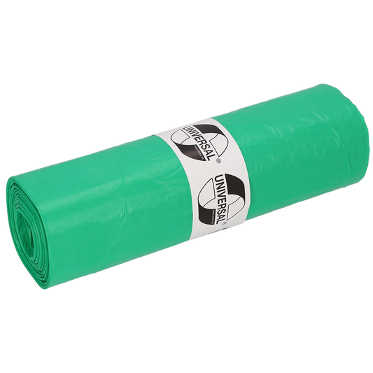 Eine Packung mit 50 grünen EMIL DEISS KG Müllsäcken (DEISS 42702, 575x1000x0,018 mm) mit einem "UNIVERSAL"-Etikett - ideal für einen vielseitigen Einsatz und zuverlässige Leistung.