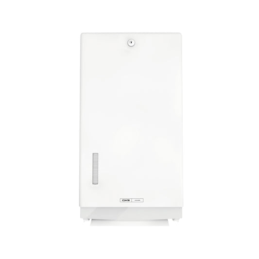 Der CWS ParadiseLine Faltpapierhandtuchspender Paper Universal, weiß, mit Schloss und Sichtfenster links ermöglicht hygienisches Händetrocknen mit universellen Papierhandtüchern.