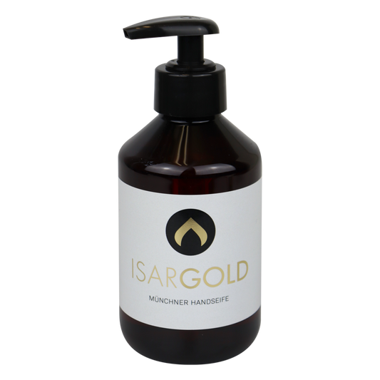 Eine dunkelbraune 250 ml Kunststoff-Pumpflasche der Dr. Schnell ISARGOLD Handseife, Münchner Qualität, von DR.SCHNELL GmbH & Co. KGaA, mit weißem Etikett und schwarz-goldenem Logo, ideal für persönliche Hygiene und empfindliche Haut.