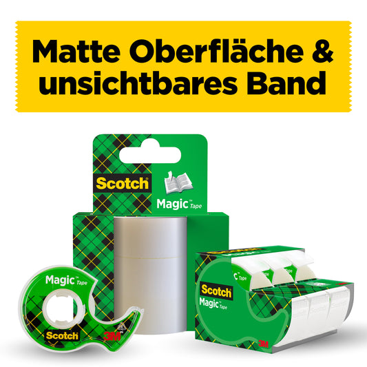Abgebildet ist ein Display der Scotch® Magic™ Unsichtbares Klebeband Nachfüllpackung (1 Rolle, 19 mm x 25 m) der 3M Deutschland GmbH, darüber ein gelbes Banner mit der Aufschrift "Matte Oberfläche & unsichtbares Band".