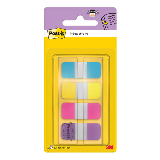 Eine Packung 3M Deutschland GmbH Post-it® Index Strong Ablagetabs, Mini (15,8 mm x 38,1 mm), in den Farben blau, violett, rosa und gelb; 40 Klebestreifen pro Spender, ein transparenter Spender pro Packung.