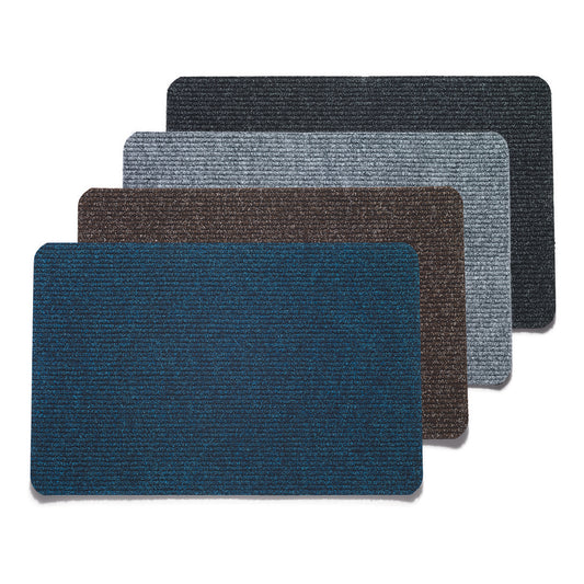 Vier Nölle Profi Brush Nadelfilzmatten (60x40 cm, gerippte Struktur) von Nölle Profi Brush Bürsten- & Pinseltechnik e.K. werden in den Farben Blau, Braun, Hellgrau und Dunkelgrau in versetzter Anordnung gezeigt.