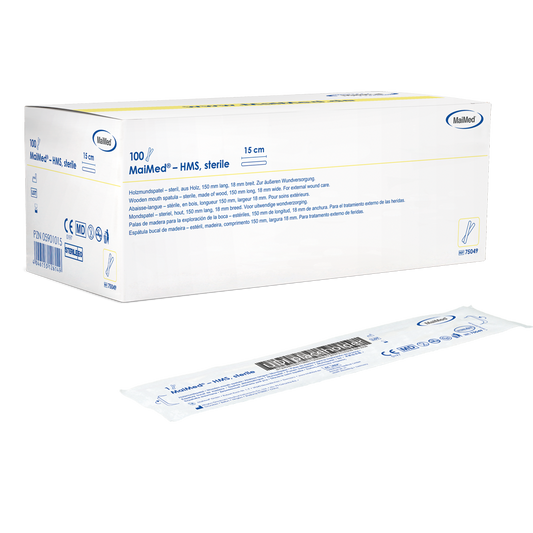 MaiMed - HMS sterilní dřevěný depresor úst, 15cm dlouhý, 100x1 ks. sterilně balené | Krabice (100 kusů)