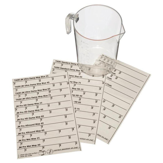 Auf drei Bögen aus dem Sticker Set für Messbecher, Ersatzsticker Set für Messbecher | Packung (1 Stück) von Diversey Deutschland GmbH & Co. OHG; auf den Aufklebern sind Mop-Typen mit Kästchen und Anweisungen aufgeführt. Der Hintergrund ist weiß.