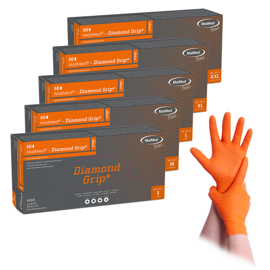 MaiMed-Diamond Grip+ oranžové, nesterilní nitrilové rukavice bez latexu