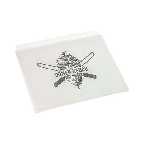 Die PAPSTAR Döner-Kebab-Tüten 16x16 cm (weiß, Schrumpffolie, 1000 Stück) der PAPSTAR GmbH verfügen über einen Dönerspieß mit gekreuzten Messern und "DÖNER KEBAB" - die ideale Verpackungslösung für Imbisse.