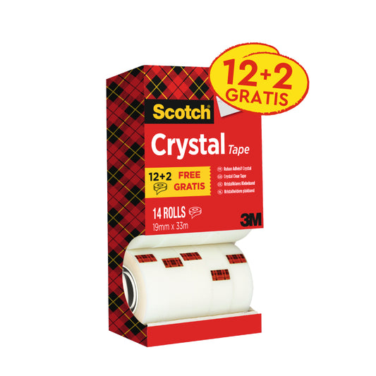 Das Scotch® Crystal Klebeband Vorteilspack der 3M Deutschland GmbH enthält 14 Rollen transparentes Klebeband (19 mm x 33 m) pro Packung. Die Verpackung ist rot-gelb kariert und mit der Aufschrift "12+2 FREE GRATIS" versehen.