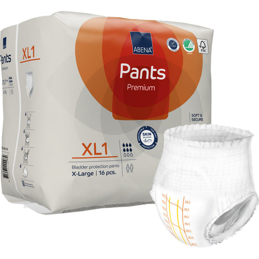 Eine Packung ABENA Pants Premium XL von Abena Re-Seller GmbH, Größe X-Large (16 Stück), mit einer aufgeklappten Pull-up-Hose auf der Vorderseite. Auf der Verpackung befinden sich Zertifizierungslogos für Premium-Blasenschutz.