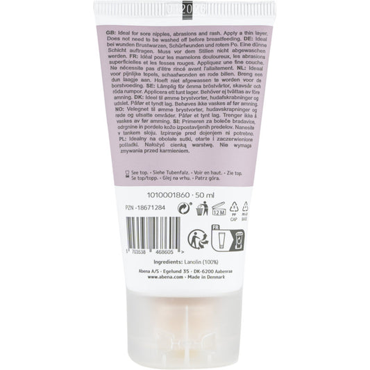 Rückseite einer 50 ml Tube Abena Re-Seller GmbH Repair Creme, 100% Lanolin, unparfümiert; mit mehrsprachigem Text, Verwendungs- und Recyclinginformationen, Qualitätssymbolen, Barcode, Chargencode, Inhaltsstoffen. Hergestellt in Dänemark. Erhältlich im Karton (6 Packungen).