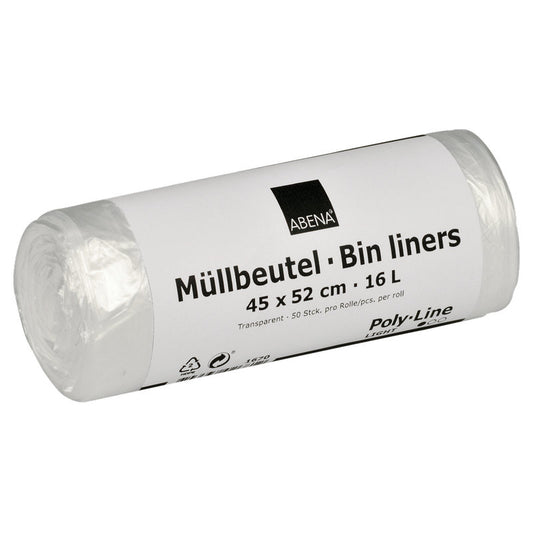 Eine meist weiße Rolle mit der Aufschrift "Abena Re-Seller GmbH Müllbeutel 16 L, 450x520 mm, 4,5 my HDPE, Transparent" enthält 50 Müllbeutel pro Rolle.
