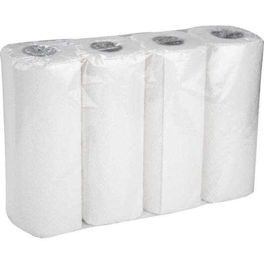 Ein Karton der Abena Re-Seller GmbH enthält 8 Packungen Küchenrolle mit je vier 2-lagigen weißen Rollen (26 cm x 14 m), saugfähig und in Klarsichtfolie verpackt.