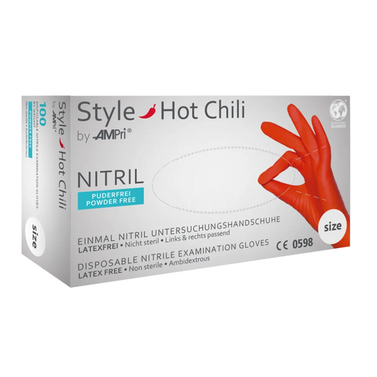 Das Bild zeigt eine weiße Schachtel mit „AMPri STYLE HOT CHILI Nitrilhandschuhe puderfrei von MED-COMFORT“ Nitril-Einmaluntersuchungshandschuhen der AMPri Handelsgesellschaft mbH. Diese Einmalhandschuhe sind latexfrei, puderfrei (Nitrilhandschuhe puderfrei) und unsteril und für den einmaligen Gebrauch bestimmt. Auf der Schachtel ist eine rot behandschuhte Hand abgebildet, die eine „OK“-Geste macht.