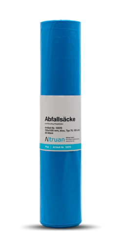 Eine Rolle blauer Müllsäcke steht vertikal vor einem weißen Hintergrund. Das Etikett auf der Rolle enthält den deutschen Text „Abfallsäcke“ sowie Produktspezifikationen und den Markennamen „Altruan“.