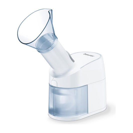 Der Auslaufartikel: Beurer Dampfvernebler SI 40 der Beurer GmbH ist ein weißer, transluzenter Kunststoff-Dampfinhalator mit klarer Gesichtsmaske und sichtbarem Wasserreservoir, abgebildet auf einem schlichten weißen Hintergrund.