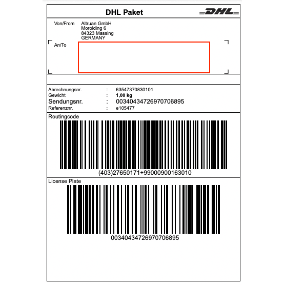 Štítek DHL společnosti Altruan GmbH (Morolding 6, 84323 Massing, Německo) obsahuje čárové kódy a hmotnost 1,00 kg s číslem sledování 00340434276970706895. Adresa příjemce je pro aktualizace v aplikaci PackMaster prázdná: Weclapp Logistik Packing App pro zlepšení efektivity přepravních štítků.