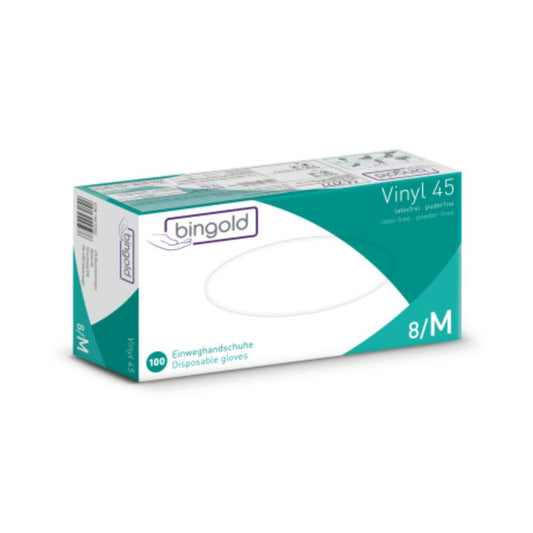 Die Verpackung der Bingold Vinyl 45 Einweghandschuhe in Grün und Weiß weist die Aufschrift „puderfrei“, „latexfrei“ und „8/M“ auf. Sie enthält 100 Handschuhe und ist mit dem Branding der BINGOLD GmbH + Co. KG und der Schutzklasse CAT III versehen, um die Sicherheit zu gewährleisten.