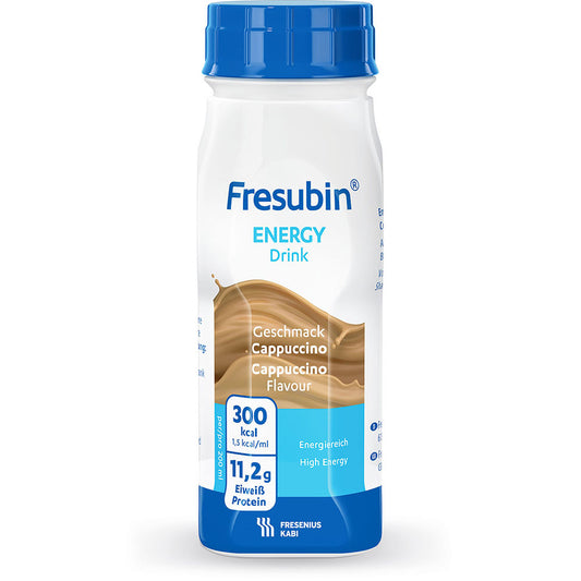 200 ml Fresubin Energy Drink von Fresenius Kabi Deutschland GmbH, Geschmacksrichtung Cappuccino, mit blauem Verschluss und weißem Etikett mit Nährwertangaben: 300 kcal, 11,2 g Eiweiß und hoher Energiegehalt.