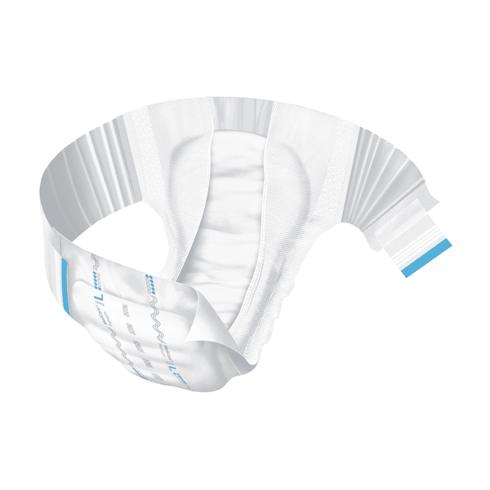 Plenka pro dospělé z řady Hartmann MoliCare® Premium Elastic společnosti Paul Hartmann AG s bílým a modrým designem je zobrazena v zakřiveném uspořádání na bílém pozadí, čímž jsou zdůrazněny její savé a pružné vlastnosti.