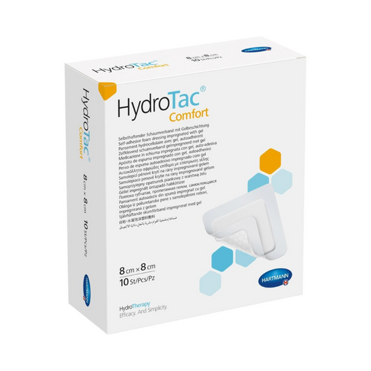 Die Hartmann HydroTac Comfort 8x8cm Wundauflagen sind mit mehrsprachigem Text, einem Bild der Wundauflage auf blauem Hintergrund und dem Logo der Paul Hartmann AG an der Unterseite versehen. Die Packung enthält 10 Stück.