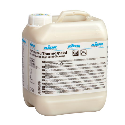 Ein beiger 5-Liter-Kunststoffbehälter des Thermospeed High-Speed-Dispersion Bodenpflegereinigers der Johannes Kiehl KG, mit Griff und mehrsprachigem Etikett. Verkauft als Karton (2 Flaschen), Produktname: Kiehl Thermospeed Hochgeschwindigkeits-Dispersion 5 L.