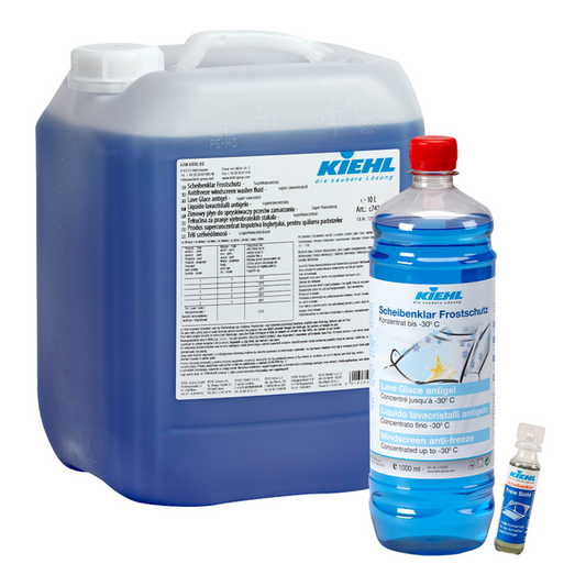 Die 30-ml-Flasche "Kiehl Scheibenklar 1:100 Sommer Konzentrat" der Johannes Kiehl KG eignet sich hervorragend zum Reinigen von Autoscheiben und wird im Karton mit 200 Flaschen geliefert.