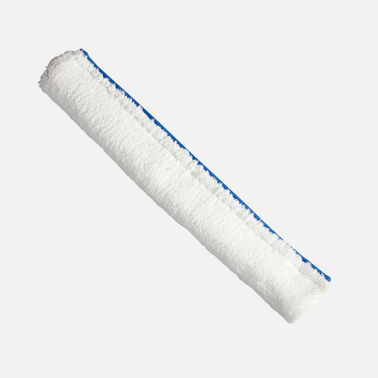 Abgebildet ist ein weißer, rechteckiger Johannes Kiehl KG Lösungsmittelbeständiger Bezug für Wischwiesel (40 cm, 1 Stück) mit blauer Naht auf einfarbigem hellem Hintergrund.