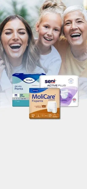 Inkontinenzprodukte von TENA, Seni Active Plus und MoliCare Fixpants mit lachenden Frauen verschiedener Generationen im Hintergrund.