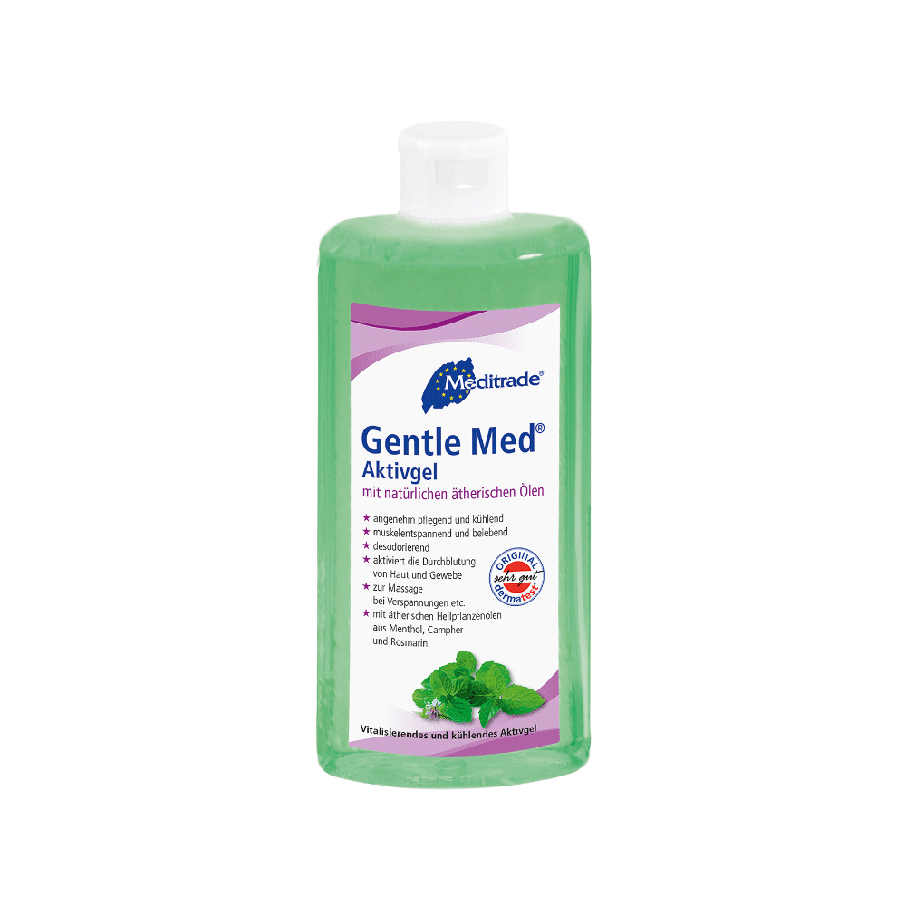 500ml láhev přípravku Meditrade Gentle Med® Aktivgel od společnosti Meditrade GmbH, která obsahuje chladivý zelený gel obohacený o přírodní éterické oleje, jako je mentol a rozmarýn. Německý štítek doplňuje bílé sklopné víčko.