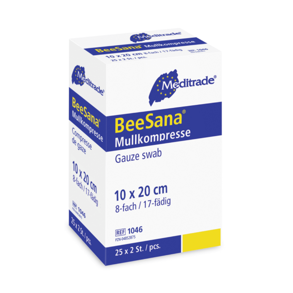 Krabička gázových obkladů Meditrade BeeSana®, jednoduše sterilizované, 8vrstvé sterilní gázové tampony, rozměry 10 × 20 cm, s 8 vrstvami a 17 vlákny. Společnost Meditrade GmbH.