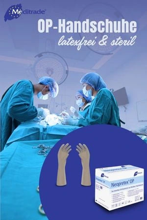 Werbung für Neopretrex OP-Handschuhe, latexfrei und steril, mit einer Abbildung von medizinischem Personal im OP-Saal und einer Verpackung der Handschuhe.