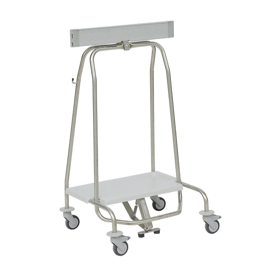 Der Novocal Abfallsammler "Genius" mit Klemmring und Pedal für 70-Liter-Beutel (Format: 57 | Packung mit 1 Stück) verfügt über vier Lenkrollen, eine flache weiße untere Ablage und eine obere Stange, abgebildet auf weißem Hintergrund.