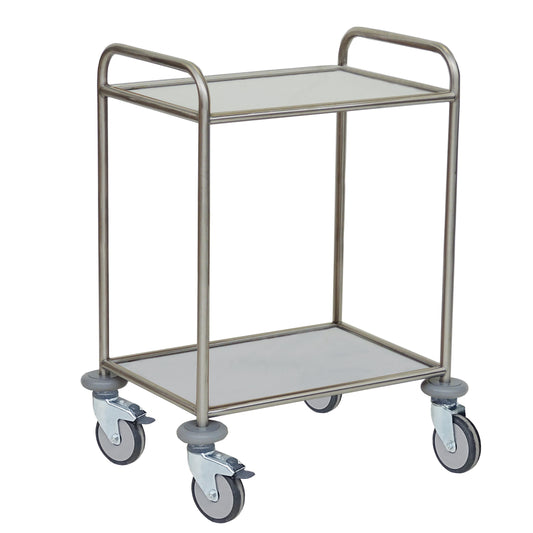Der Novocal Mehrzweckwagen verfügt über einen Edelstahlrahmen, zwei solide Kernböden, die wasser-, hitze- und desinfektionsmittelbeständig sind, sowie vier Lenkrollen und zwei Griffe - ideal für den effizienten Transport von Gegenständen.