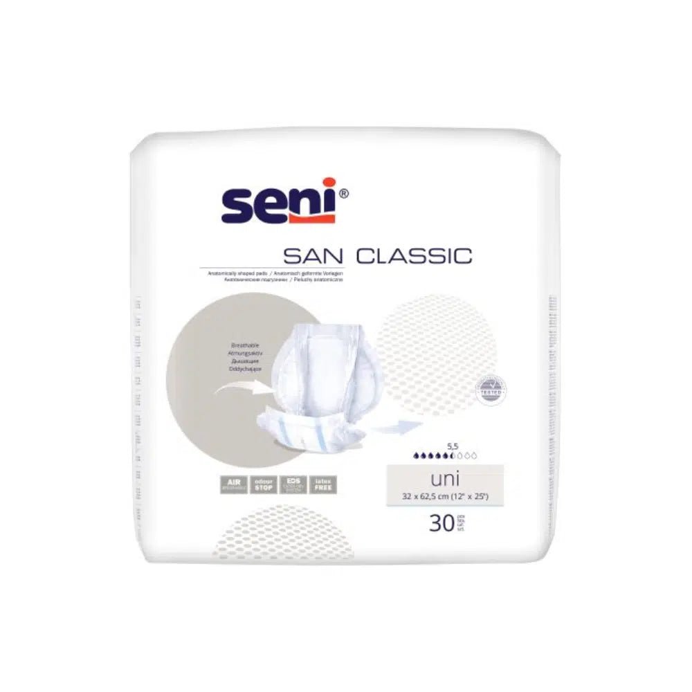 Na obrázku je balení San Seni Inkontinenční vložky Classic Uni od společnosti TZMO Deutschland GmbH. Obal je převážně bílý s modrými a béžovými prvky a obsahuje text s údaji o savosti a velikosti. Pro větší pohodlí při nošení obsahuje balení 30 vložek.